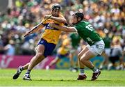 11 June 2023; Cathal Malone of Clare in action against Peter Casey of Limerick during the Munster GAA Hurling Championship Final match between Clare and Limerick at TUS Gaelic Grounds in Limerick. Photo by Eóin Noonan/Sportsfile