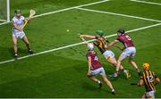 11 June 2023; Martin Keoghan of Kilkenny scores his side's first goal, despite pressure from Galway players Darren Morrissey, 4, Pádraic Mannion, right, and goalkeeper Éanna Murphy, during the Leinster GAA Hurling Senior Championship Final match between Kilkenny and Galway at Croke Park in Dublin. Photo by Seb Daly/Sportsfile