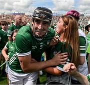 11 June 2023; Diarmaid Byrnes of Limerick celebrates with supporters after the Munster GAA Hurling Championship Final match between Clare and Limerick at TUS Gaelic Grounds in Limerick. Photo by Daire Brennan/Sportsfile