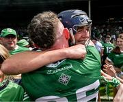 11 June 2023; Oisin O'Reilly, left, and David Reidy of Limerick celebrate after the Munster GAA Hurling Championship Final match between Clare and Limerick at TUS Gaelic Grounds in Limerick. Photo by Daire Brennan/Sportsfile