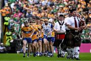 11 June 2023; Clare captain Tony Kelly breaks from the pre-match parade ahead of the Munster GAA Hurling Championship Final match between Clare and Limerick at TUS Gaelic Grounds in Limerick. Photo by Daire Brennan/Sportsfile