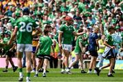 11 June 2023; Colin Coughlan of Limerick tells supporters to leave the field before the end of the Munster GAA Hurling Championship Final match between Clare and Limerick at TUS Gaelic Grounds in Limerick. Photo by Daire Brennan/Sportsfile