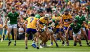 11 June 2023; Aron Shanagher of Clare in action against Dan Morrissey of Limerick during the Munster GAA Hurling Championship Final match between Clare and Limerick at TUS Gaelic Grounds in Limerick. Photo by Daire Brennan/Sportsfile
