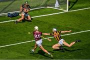 11 June 2023; Jason Flynn of Galway scores his side's second goal, despite pressure from Kilkenny's Huw Lawlor,  during the Leinster GAA Hurling Senior Championship Final match between Kilkenny and Galway at Croke Park in Dublin. Photo by Seb Daly/Sportsfile