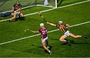 11 June 2023; Jason Flynn of Galway scores his side's second goal, despite pressure from Kilkenny's Huw Lawlor, during the Leinster GAA Hurling Senior Championship Final match between Kilkenny and Galway at Croke Park in Dublin. Photo by Seb Daly/Sportsfile