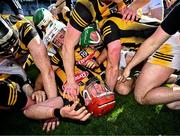 11 June 2023; Cillian Buckley of Kilkenny, red helmet, celebrates with teammates after their side's victory in the Leinster GAA Hurling Senior Championship Final match between Kilkenny and Galway at Croke Park in Dublin. Photo by Harry Murphy/Sportsfile