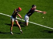 11 June 2023; Cillian Buckley of Kilkenny scores his side's fourth and winning goal, despite the efforts of Galway's Pádraic Mannion, during the Leinster GAA Hurling Senior Championship Final match between Kilkenny and Galway at Croke Park in Dublin. Photo by Seb Daly/Sportsfile