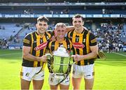 11 June 2023; Kilkenny players, from left, Paddy Deegan, Mikey Butler and Huw Lawlor with the Bob O'Keeffe Cup after their side's victory in the Leinster GAA Hurling Senior Championship Final match between Kilkenny and Galway at Croke Park in Dublin. Photo by Harry Murphy/Sportsfile