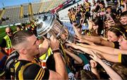 11 June 2023; Eoin Cody of Kilkenny celebrates with the Bob O'Keeffe Cup and supporters after his side's victory in the Leinster GAA Hurling Senior Championship Final match between Kilkenny and Galway at Croke Park in Dublin. Photo by Harry Murphy/Sportsfile