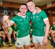 11 June 2023; Darragh O'Donovan and William O'Donoghue of Limerick celebrate after the Munster GAA Hurling Championship Final match between Clare and Limerick at TUS Gaelic Grounds in Limerick. Photo by Ray McManus/Sportsfile