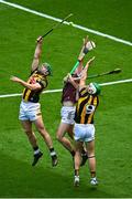 11 June 2023; Brian Concannon of Galway in action against Kilkenny players Tommy Walsh, left, and Paddy Deegan during the Leinster GAA Hurling Senior Championship Final match between Kilkenny and Galway at Croke Park in Dublin. Photo by Seb Daly/Sportsfile