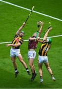 11 June 2023; Brian Concannon of Galway in action against Kilkenny players Tommy Walsh, left, and Paddy Deegan during the Leinster GAA Hurling Senior Championship Final match between Kilkenny and Galway at Croke Park in Dublin. Photo by Seb Daly/Sportsfile