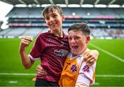 12 June 2023; Danny Murray, right, and Daryl Corrigan from Holy Family SNS, Swords, celebrate after they won the Corn Sean O Rinn cup match against Scoil Thomas, Laurel Lodge at the Allianz Cumann na mBunscol Finals at Croke Park. Photo by David Fitzgerald/Sportsfile