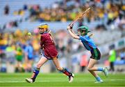 12 June 2023; Alanna O'Brien of St Columbas NS, Glasnevin in action against Eve Desmond of Scoil Mhuire NS, Woodview, during the Corn INTO Final match at the Allianz Cumann na mBunscol Finals at Croke Park. Photo by David Fitzgerald/Sportsfile