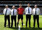 11 June 2023; Referee Seán Stack and his umpires before the  Leinster GAA Hurling Senior Championship Final match between Kilkenny and Galway at Croke Park in Dublin. Photo by Stephen Marken/Sportsfile