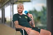 13 June 2023; Troy Parrott speaks to RTÉ during a Republic of Ireland media session at Calista Sports Centre in Antalya, Turkey. Photo by Stephen McCarthy/Sportsfile