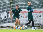 13 June 2023; Evan Ferguson and Caoimhin Kelleher, right, during a Republic of Ireland training session at Calista Sports Centre in Antalya, Turkey. Photo by Stephen McCarthy/Sportsfile