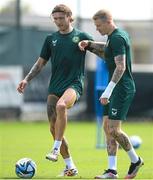 13 June 2023; Jeff Hendrick and James McClean, right, during a Republic of Ireland training session at Calista Sports Centre in Antalya, Turkey. Photo by Stephen McCarthy/Sportsfile