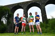 13 June 2023; At the 2023 GAA Hurling All-Ireland Series national launch at Kilmacthomas Viaduct in Waterford, are from left, Seán Brennan of Dublin, Brian Tracey of Carlow, Ben Conneely of Offaly and Noel McGrath of Tipperary. Photo by Brendan Moran/Sportsfile