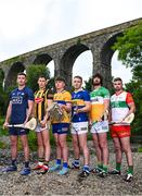 13 June 2023; At the 2023 GAA Hurling All-Ireland Series national launch at Kilmacthomas Viaduct in Waterford, are from left, Seán Brennan of Dublin, Richie Reid of Kilkenny, Adam Hogan of Clare, Noel McGrath of Tipperary, Ben Conneely of Offaly and Brian Tracey of Carlow. Photo by Brendan Moran/Sportsfile
