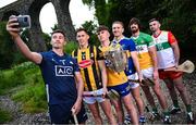 13 June 2023; At the 2023 GAA Hurling All-Ireland Series national launch at Kilmacthomas Viaduct in Waterford, are from left, Seán Brennan of Dublin, Richie Reid of Kilkenny, Adam Hogan of Clare, Noel McGrath of Tipperary, Ben Conneely of Offaly and Brian Tracey of Carlow. Photo by Brendan Moran/Sportsfile