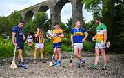 13 June 2023; At the 2023 GAA Hurling All-Ireland Series national launch at Kilmacthomas Viaduct in Waterford, are from left, Seán Brennan of Dublin, Brian Tracey of Carlow, Richie Reid of Kilkenny, Adam Hogan of Clare, Noel McGrath of Tipperary and Ben Conneely of Offaly. Photo by Brendan Moran/Sportsfile