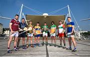 13 June 2023; At the 2023 GAA Hurling All-Ireland Series national launch in Waterford are, from left, Padraic Mannion of Galway, Seán Brennan of Dublin, Richie Reid of Kilkenny, Adam Hogan of Clare, Cathal O’Neill of Limerick, Ben Conneely of Offaly, Brian Tracey of Carlow and Noel McGrath of Tipperary. Photo by Brendan Moran/Sportsfile