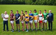 13 June 2023; At the 2023 GAA Hurling All-Ireland Series national launch at the De La Salle GAA club in Waterford are, from left, Centra retailer in Kilmacthomas, Waterford, Pat Phelan, Padraic Mannion of Galway, Seán Brennan of Dublin, Richie Reid of Kilkenny, Adam Hogan of Clare, Noel McGrath of Tipperary, Ben Conneely of Offaly, Brian Tracey of Carlow and Cathal O’Neill of Limerick and Uachtarán Chumann Lúthchleas Gael Larry McCarthy. Photo by Brendan Moran/Sportsfile