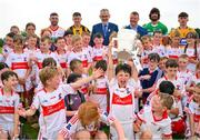 13 June 2023; At the 2023 GAA Hurling All-Ireland Series national launch at De La Salle GAA Club in Waterford are Cathal O’Neill of Limerick, Noel McGrath of Tipperary, Brian Tracey of Carlow, Richie Reid of Kilkenny, Uachtarán Chumann Lúthchleas Gael Larry McCarthy, De La Salle club chairman Don Lalor, Ben Connelly of Offaly, Adam Hogan of Clare, Seán Brennan of Dublin, Padraic Mannion of Galway and members of the De La Salle GAA Club 9 to 10 year old players including Jeffrey Wyse holding the Liam MacCarthy Cup aloft. Photo by Ray McManus/Sportsfile