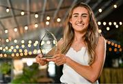 13 June 2023; Antrim’s Orlaith Prenter is pictured with The Croke Park/LGFA Player of the Month award for May 2023, at the Croke Park in Jones Road, Dublin. Orlaith was in brilliant form for Antrim during the month of May, as the Saffrons captured a very first TG4 Ulster Intermediate title. Six points against Monaghan in the round-robin phase booked a place in the Final for Antrim, as Orlaith scored 1-8 against Tyrone to help secure the provincial silverware. Photo by Sam Barnes/Sportsfile