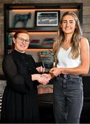 13 June 2023; Antrim’s Orlaith Prenter, right, is presented with The Croke Park/LGFA Player of the Month award for May 2023 by Edele O’Reilly, Director of Sales and Marketing, The Croke Park, at the Croke Park on Jones Road in Dublin. Orlaith was in brilliant form for Antrim during the month of May, as the Saffrons captured a very first TG4 Ulster Intermediate title. Six points against Monaghan in the round-robin phase booked a place in the Final for Antrim, as Orlaith scored 1-8 against Tyrone to help secure the provincial silverware. Photo by Sam Barnes/Sportsfile