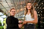 13 June 2023; Antrim’s Orlaith Prenter, right, is presented with The Croke Park/LGFA Player of the Month award for May 2023 by Edele O’Reilly, Director of Sales and Marketing, The Croke Park, at the Croke Park on Jones Road in Dublin. Orlaith was in brilliant form for Antrim during the month of May, as the Saffrons captured a very first TG4 Ulster Intermediate title. Six points against Monaghan in the round-robin phase booked a place in the Final for Antrim, as Orlaith scored 1-8 against Tyrone to help secure the provincial silverware. Photo by Sam Barnes/Sportsfile