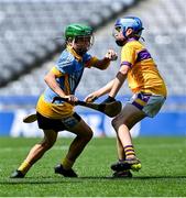 13 June 2023; Conor McCarthy of St Mary's BNS Rathfarnham, left, in action against Stephen Byrne of St Laurence's BNS Kilmacud during the Corn Herald Final at the Allianz Cumann na mBunscol Finals at Croke Park. Photo by Piaras Ó Mídheach/Sportsfile