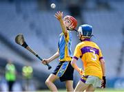 13 June 2023; Cian Keary of St Mary's BNS Rathfarnham in action against James Walsh of St Laurence's BNS Kilmacud, 3, during the Corn Herald Final at the Allianz Cumann na mBunscol Finals at Croke Park. Photo by Piaras Ó Mídheach/Sportsfile