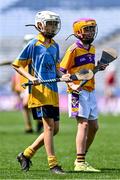 13 June 2023; James Carr Hayden of St Mary's BNS Rathfarnham, left, and Robbie O'Brien of St Laurence's BNS Kilmacud during the Corn Herald Final against St Laurence's BNS Kilmacud at the Allianz Cumann na mBunscol Finals at Croke Park. Photo by Piaras Ó Mídheach/Sportsfile