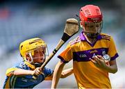 13 June 2023; Alex Sorohan of St Laurence's BNS Kilmacud in action against Fionn O'Brien of St Mary's BNS Rathfarnham, left, in action during the Corn Herald Final at the Allianz Cumann na mBunscol Finals at Croke Park. Photo by Piaras Ó Mídheach/Sportsfile