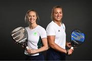 14 June 2023; Padel players Susan McRann, left, and Jennifer Claffey pose for a portrait during the European Games team day for Team Ireland – Krakow 2023 at Crowne Plaza Hotel in Blanchardstown, Dublin. Photo by Ramsey Cardy/Sportsfile