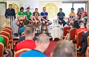 13 June 2023; MC Damien Lawlor and players, from left, Ben Connelly of Offaly, Cathal O’Neill of Limerick, Richie Reid of Kilkenny, Noel McGrath of Tipperary, Seán Brennan of Dublin, Adam Hogan of Clare, Padraic Mannion of Galway and Brian Tracey of Carlow at the 2023 GAA Hurling All-Ireland Series national launch at De La Salle GAA Club in Waterford. Photo by Brendan Moran/Sportsfile