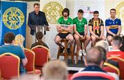 13 June 2023; MC Damien Lawlor and players, from left, Ben Connelly of Offaly, Cathal O’Neill of Limerick, Richie Reid of Kilkenny, and Noel McGrath of Tipperary at the 2023 GAA Hurling All-Ireland Series national launch at De La Salle GAA Club in Waterford. Photo by Brendan Moran/Sportsfile