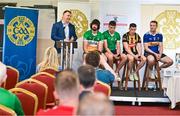 13 June 2023; De La Salle club chairman Don Lalor, in the company of players, from left, Ben Connelly of Offaly, Cathal O’Neill of Limerick, Richie Reid of Kilkenny, Noel McGrath of Tipperary, speaking at the 2023 GAA Hurling All-Ireland Series national launch at De La Salle GAA Club in Waterford. Photo by Brendan Moran/Sportsfile