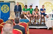 13 June 2023; Uachtarán Chumann Lúthchleas Gael Larry McCarthy, in the company of players, from left, Ben Connelly of Offaly, Cathal O’Neill of Limerick, Richie Reid of Kilkenny, Noel McGrath of Tipperary, speaking at the 2023 GAA Hurling All-Ireland Series national launch at De La Salle GAA Club in Waterford. Photo by Brendan Moran/Sportsfile