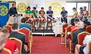 13 June 2023; MC Damien Lawlor interviews players, from left, Ben Connelly of Offaly, Cathal O’Neill of Limerick, Richie Reid of Kilkenny, Noel McGrath of Tipperary, Seán Brennan of Dublin, Adam Hogan of Clare, Padraic Mannion of Galway and Brian Tracey of Carlow at the 2023 GAA Hurling All-Ireland Series national launch at De La Salle GAA Club in Waterford. Photo by Brendan Moran/Sportsfile