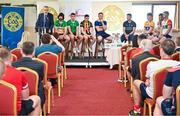 13 June 2023; Uachtarán Chumann Lúthchleas Gael Larry McCarthy, in the company of players, from left, Ben Connelly of Offaly, Cathal O’Neill of Limerick, Richie Reid of Kilkenny, Noel McGrath of Tipperary, Seán Brennan of Dublin, Adam Hogan of Clare, Padraic Mannion of Galway and Brian Tracey of Carlow, speaking at the 2023 GAA Hurling All-Ireland Series national launch at De La Salle GAA Club in Waterford. Photo by Brendan Moran/Sportsfile