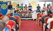 13 June 2023; MC Damien Lawlor interviews players, from left, Ben Connelly of Offaly, Cathal O’Neill of Limerick, Richie Reid of Kilkenny, Noel McGrath of Tipperary, Seán Brennan of Dublin, Adam Hogan of Clare, Padraic Mannion of Galway and Brian Tracey of Carlow at the 2023 GAA Hurling All-Ireland Series national launch at De La Salle GAA Club in Waterford. Photo by Brendan Moran/Sportsfile