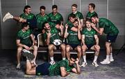 14 June 2023; The Team Ireland Rugby 7's team, back from left,  Liam McNamara, Jack Kelly, Bryan Mollen, Dylan O'Grady, Zac Ward, Gavin Mullin, Niall Comerford and Andrew Smith, with, front from left, Billy Dardis, Harry McNulty, Jordan Conroy, Mark Roche and Terry Kennedy during the European Games team day for Team Ireland – Krakow 2023 at the Crowne Plaza Hotel in Blanchardstown, Dublin. Photo by Harry Murphy/Sportsfile