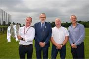 13 June 2023; At the 2023 GAA Hurling All-Ireland Series national launch at De La Salle GAA Club in Waterford are left to right, eir operations manager Trevor Prendergast, with the Liam MacCarthy Cup, Uachtarán Chumann Lúthchleas Gael Larry McCarthy, Centra retailer in Kilmacthomas, Waterford, Pat Phelan, and John Phelan, eir operations manager Trevor Prendergast Photo by Ray McManus/Sportsfile