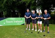 16 June 2023; Participants, from left, OFI Chief Executive Peter Sherrard, RTE Sport presenter Jacqui Hurley, Olympian Nicci Daly and Olympian Eamonn Coghlan during the Team Ireland Make a Difference Golf Day at The K Club in Straffan, Kildare. Photo by David Fitzgerald/Sportsfile