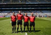 3 June 2023; Referee Tarlach Conway and officials before the Lory Meagher Cup Final match between Monaghan and Lancashire at Croke Park in Dublin. Photo by Harry Murphy/Sportsfile