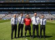 3 June 2023; Referee Tarlach Conway and officials before the Lory Meagher Cup Final match between Monaghan and Lancashire at Croke Park in Dublin. Photo by Harry Murphy/Sportsfile