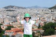 15 June 2023; Republic of Ireland supporter Charlie Whelan, age 7, from Navan, ahead of the UEFA EURO 2024 Championship Qualifier match between Greece and Republic of Ireland, on June 16, in Athens, Greece. Photo by Stephen McCarthy/Sportsfile